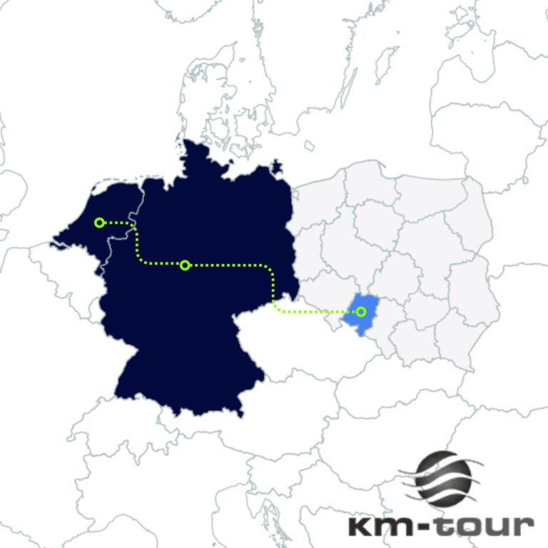 Mapa obrazująca trasę z województwa opolskiego do Niemiec i Holandii