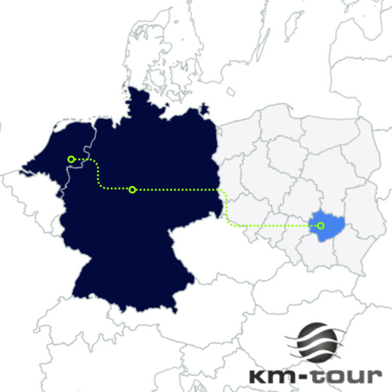 Mapa obrazująca trasę z województwa świętokrzyskiego do Niemiec i Holandii